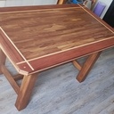 Table plateau parquet teck piètement chêne