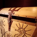 Coffre à jouets, chêne et cuir.