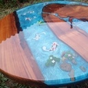 Plateau theme koi  en merisier et epoxy