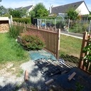 Clôture ajourée, portillon et escalier extérieur en douglas