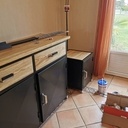 Buffet, bar, meuble imprimante acier et chêne