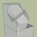 Seconde version correspondant à ce qu'on voit sur les photos. L'assemblage s'emboîte le long de l'arête commune aux trois doigts (qui en pratique doit être tronquée par les traits de scie)