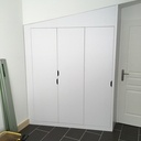 Aménagement d'une chambre avec son lit, son armoire, son bureau, sa coiffeuse et sa banquette...