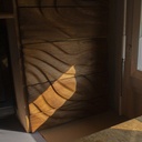 Meuble de bureau, façade en chêne sculptée.