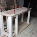 Meuble de cuisine,bois de recuperation et carrelage ceramique carreaux de ciment imitation