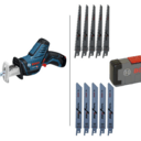 Scie sabre Bosch GSA 12V-14 Professional + 2 batteries + chargeur + lames — kit complet en L-Boxx