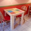 Table bistro naturel Douglas patchwork carreaux de ciment