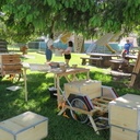 Les Sérimobiles déployées lors d'une après-midi sérigraphique au Noirmont. Les parasols se sont fait détrôner par l'arbre contre lequel ils reposent, en arrière-plan.