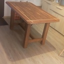 Table plateau parquet teck piètement chêne