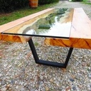 Table basse en If, verre trempé et acier laqué