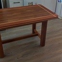 Table plateau parquet teck piètement chêne