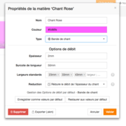 Caractéristique d'une matière "Bande de chant"