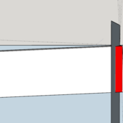 Simulation d'une découpe sur le gabarit. La partie blanche part avec une coupe à 90°, la rouge part avec une coupe à 8.5° vers la gauche