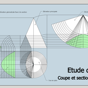 fig 4/ Tracé de la vue de face géométrale du cône et de la section parabolique sur la vue d'ensemble