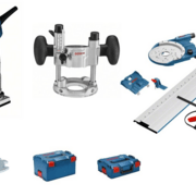 Kit complet affleureuse Bosch GKF 600 Professional + base plongeante + rails + 14 fraises CMT/Bosch