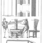 Manière de refendre les bois de placage, avec les développement de la scie à presse. Roubo, planche 278