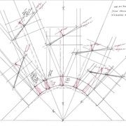 élévation de chaque portion de courbe avec tangente int et ext, mise en place des sections d'équerre à la normale sur la vue en plan en rouge