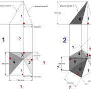**A/** Mise en page des épures de pyramides (1) à base carrée et (2) hexagonale