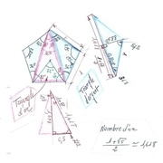 Pentagone et nombre d'or, triangle d'or en rouge, triangle d'argent en bleu, angle au centre en vert