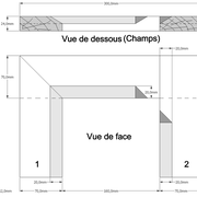 Dessin orthogonal de la pièce d'assemblages à mi-bois d'angles, droit et en coupe à 45°