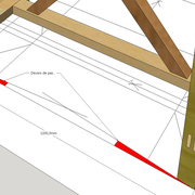 Pieds d’arêtier de section d'équerre faisant lattis sur un seul versant (ici croupe) de l'épure et en dévers sur l'autre versant .(ici long pan)