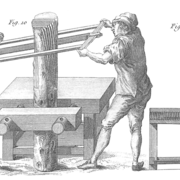 Uitlisation de la scie à presse pour refendre le bois de placage, Roubo planche 278