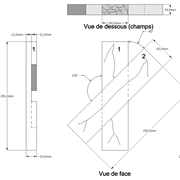 Dessin orthogonal de la pièce d'assemblage à mi-bois en croix  avec angle de 45°.