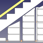 Vue 2D des rangements à chaussures modifiés pour être sur coulisses. Coulisses basses + coulisses hautes dans le dernier rangement à droite