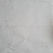 Vue en plan, géométral, vue en bout de volume capable (en 2 parties) et construction géom pour retrouver mes longueurs sur les segments.