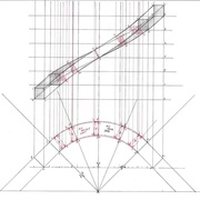 élévation déterminée par les sections rouges et les sections verticales bleues dans les parties droites