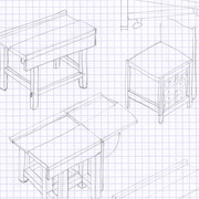 Établis pliants (celui en haut à gauche, le plateau plie vers l’arrière après avoir rabatu les pieds)