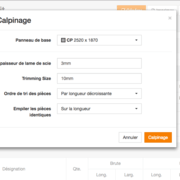 Fenêtre de configuration du calepinage - Taille de panneau définie sur la matière
