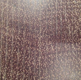 Azobé, bois de bout (collage de deux pièces; les traits verticaux sont issus du sciage au ruban)