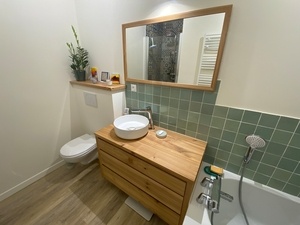 Meuble salle de bain + miroir en merisier