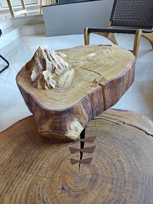 Table basse en rondins et pieds en pierre