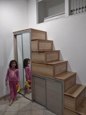 Escalier pour mezzanine aménagé avec penderie-placard-tiroirs-coffres