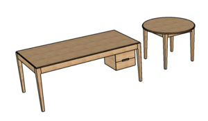 Plan bureau avec tiroirs suspendus et table ronde en chêne massif