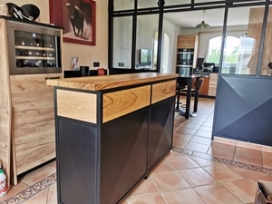 Buffet, bar, meuble imprimante acier et chêne