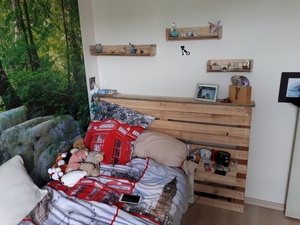 Tête de lit et étagères en palette