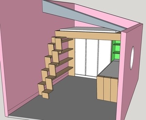 Lit mezzanine avec bureau, armoire et escalier à pas japonais