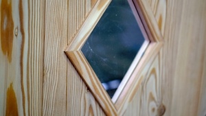 Porte de service en mélèz et ca petite vitre en losange.