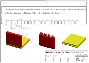 Peigne pour queue d'aronde cachée à utiliser avec fraise Festool ø13.8 angle 15° bague ø17