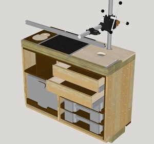 Meuble de perceuse à colonne Wabeco et défonceuse sous table