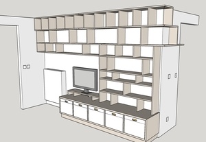 Bibliothèque murale avec banc TV intégré