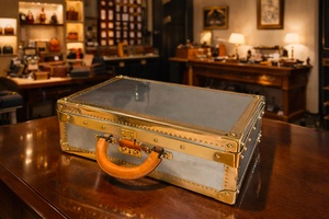 Une valise  en Bois , Zinc , cuir et laiton