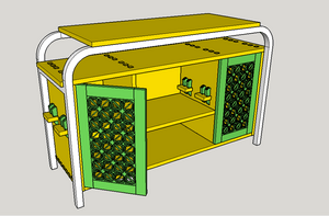 Meuble bas avec pieds de table recyclé.