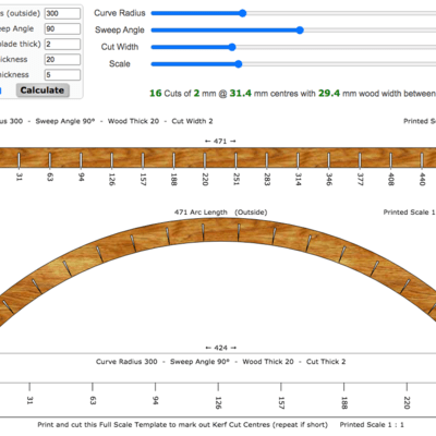 Calcul cintrage avec traits de scie. Paramétrage du rayon de courbe, de l'épaisseur du bois, largeur de la lame, angle de l'arche. Calcul de la répartition et de la profondeur des traits de scie.