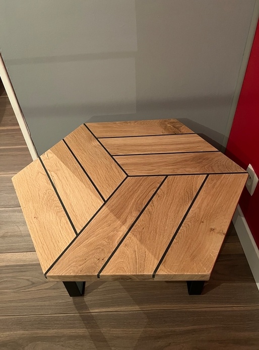 Table basse hexagonale joints type pont de bateau