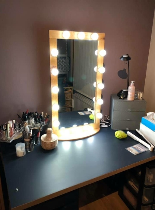 Mirroir coiffeuse en chêne et plateau oval en hêtre