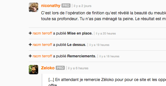 Affichage de l'activité dans les commentaires